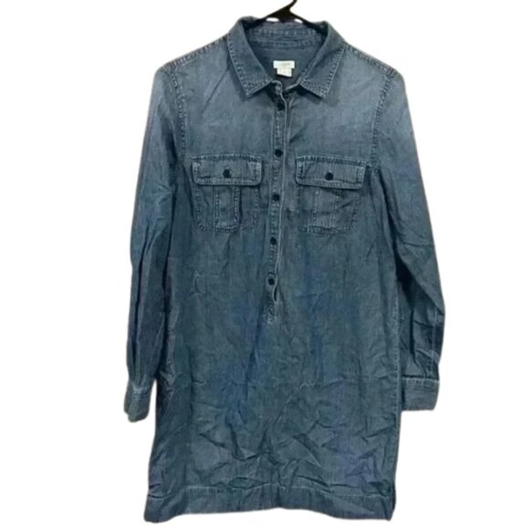 J. Crew Chambray Dress Women Denim 1/2 Button Front Roll Tab Sleeve - Picture 1 of 5